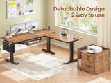 SEDETA L Shaped Electric Standing Desk with File Cabinet, 63 x 53'' Height Adjustable Home Office Computer Desk with 3 Drawers, Power Outlet, Stand up Gaming Table with Led Lights, Rustic Brown SEDETA
