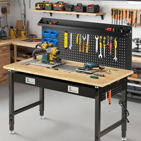 48" Adjustable Work Bench with Drawers, Workbench for Garage with Strip Light, Work Table with Large Pegboard, 2000 LBS Heavy Duty Table with Power Outlet Rubber Wood for Office, Workshop FIXCHIGO