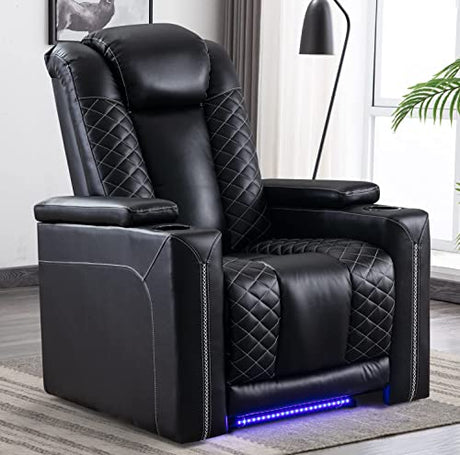 CANMOV Electric Power Recliner Chairs with USB Ports and Cup Holders, Breathable Faux Leather Home Theater Seating Recliner with Hidden Arm Storage, Ambient Lighting, Black CANMOV