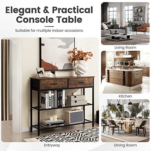 Giantex 39.5” Console Table with Storage Drawer - Entryway Table with 2 Drawers, 2-Tier Shelves, Anti-Toppling Design, Metal Frame, Sofa Side Table for Hallway, Living Room Entry Table (Brown) Giantex