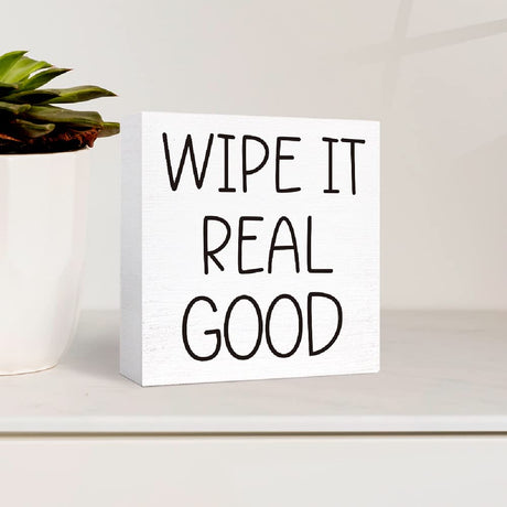 Funny Bathroom Wood Sign Wipe It Real Good Wood Block Sign for Bathroom Shelf Toilet Restroom Home Tabletop Desk Decor,Farmhouse Bathroom Wooden Box Sign SJNH