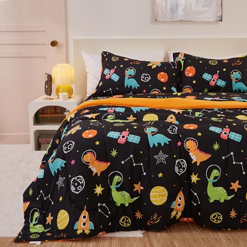 Yibeizi Space Dinosaur Kids Comforter Set for Boys Full Size, Cute Quilted Black Printed Bedding Set with Pillow Sham, Lightweight Soft Breathable Washable Bed Set 3 Piece Yibeizi
