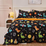 Yibeizi Space Dinosaur Kids Comforter Set for Boys Full Size, Cute Quilted Black Printed Bedding Set with Pillow Sham, Lightweight Soft Breathable Washable Bed Set 3 Piece Yibeizi