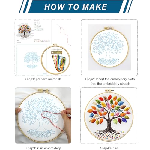 Zhenqing Rainbow Tree of Life Embroidery Kit for Beginners - 29x29cm Printed Fabric with Hoop & Full Tools (C0060)
