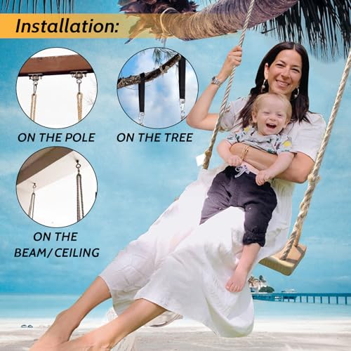 JMZOO Wooden Swing, Swing Seat 24"x 8"x 1.2",Adult Wooden Tree Swing 500lbs,Adjustable Hemp Rope & Extension Tree Straps 100 inch,Outdoor Wood Swing,Hanging Wooden Swing,Wood Swings for Adults Kids JMZOO