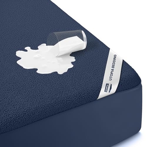 Twin Size Mattress Protector Waterproof, Premium 200 GSM Terry Mattress Cover, Soft & Breathable Bed Cover, Fitted Sheet Style Stretchable Deep Pockets 15" by Utopia Bedding (Navy Blue) Utopia Bedding