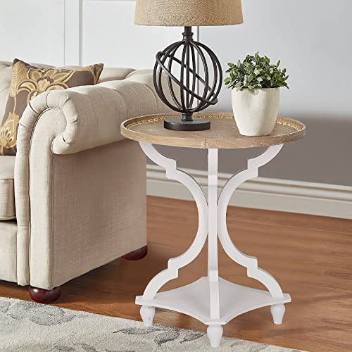 Wnutrees Farmhouse Round Accent End Table, Rustic Side Table Nightstands for Living Room Bedroom, Wood Tray Top, Handcrafted Finish, Set of 2, White - WoodArtSupply