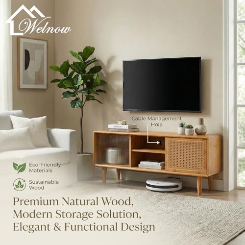 Welnow Rattan TV Stand for Up to 55 Inch, Mid Century Modern Bamboo Entertainment Center with 2 Cabinets & Adjustable Shelf, Storage Media Console Table for Living Room, Bedroom, Natural Welnow