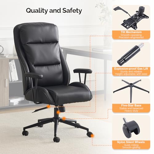VINGLI Executive Ergonomic Office Chair with 100-130° Reclining, High-Back Desk Chair with Adjustable Base & Headrest Support & Wheels, Comfy Gaming Chair for Computer, Home Office, Pu-Leather, Black VINGLI
