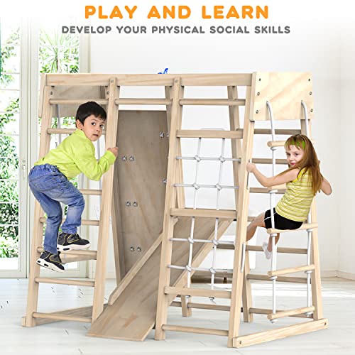 Indoor Jungle Gym, Toddler Climbing Toys Indoor, Indoor Playground Climbing Toys for Toddlers, Climber Playset with Slide, Climbing Rock/Net, Monkey Bars, Drawing Board, Abacus Game and Swing