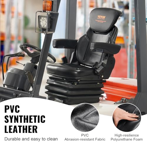 VEVOR Universal Tractor seat Suspension, Fold Down Forklift Seat with Adjustable Angle Back, Micro Switch, Seatbelt and Armrests, 3-level Shock Absorption Tractor Seat for Tractor Loader Excavator VEVOR