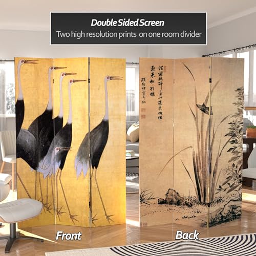 Red Lantern 6 ft. Tall Double Sided Cranes Room Divider 3 Panel Freestanding Folding Privacy Screen, Partition, and Separator for Modern and Contemporary Bedroom, Home Office, Studio, Dorm, Apartment Red Lantern