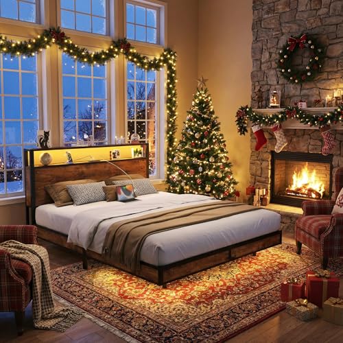 BedsPick Queen Size Bed Frame with 2-Tier Storage Headboard, Sturdy Metal Platform Bed Frame with Charging Station & LED Lights, Noise-Free/Metal Support/No Box Spring Needed, Rustic Brown BedsPick