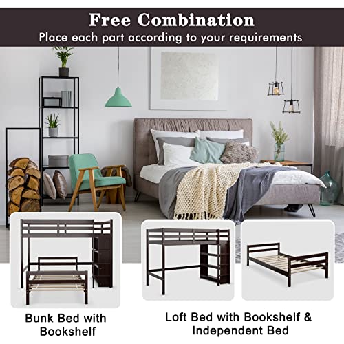 Giantex Twin Over Twin Bunk Bed, Wood L-Shaped Bunk Beds with Storage Bookshelf, Bunk Bed Frame with Guardrails and Ladder for Kids Boys Girls Teens Adults, Can be Convertible into 2 Beds, Espresso Giantex