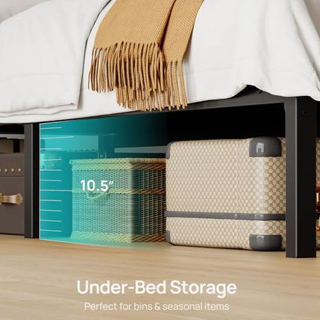 Seventable Twin Bed Frame with Upholstered Storage Headboard, Charging Station & LED Lights, Metal Platform Bed with Under Bed Storage, No Box Spring Needed, Noise Free, Easy Assembly, Black Seventable