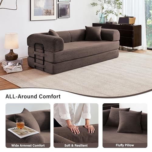 Reiboco 79" 5-in-1 Folding Convertible Sofa Bed, Oversized Corduroy Futon Floor Couch with Pull-Out Sleeper, Modular Boneless Loveseat for Small Spaces, Living Room, Bedroom (Brown) Reiboco