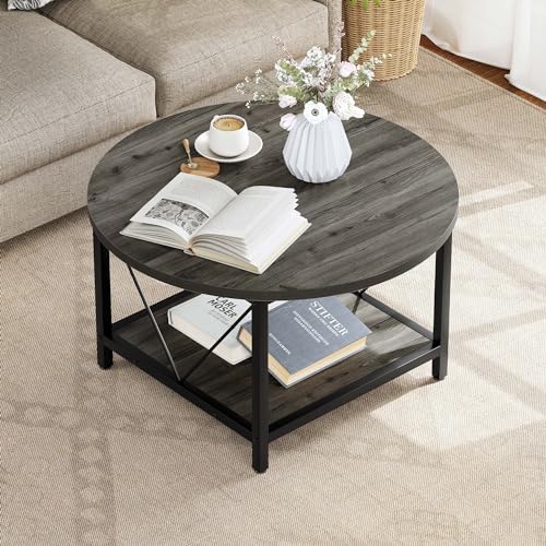 YITAHOME Round Coffee Table,Rustic Wood Coffee Tables for Living Room with Storage Shelf, Modern Farmhouse Circle Coffee Table Center with Sturdy Metal Legs Home Furniture,Grey - WoodArtSupply