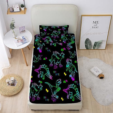 Gusuhome Dinosaurs Bed Sheets Twin Size for Boys 3D Colorful Jurassic Dinosaur Fitted Sheets Set for Kids and Teens Soft Microfiber Bedding Set with Pillowcase (1 Fitted Sheet + 1 Pillow Cases) Gusuhome