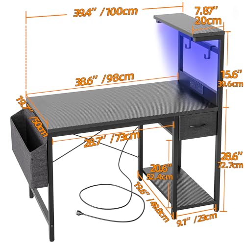 TIQLAB Gaming Desk 40 inch with Power Outlet and LED Light, Computer Desk with Reversible Shelves and Storage Drawer, Small PC Desk for Home Office Table with Bag, Carbon Fiber Black TIQLAB