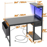 TIQLAB Gaming Desk 40 inch with Power Outlet and LED Light, Computer Desk with Reversible Shelves and Storage Drawer, Small PC Desk for Home Office Table with Bag, Carbon Fiber Black TIQLAB