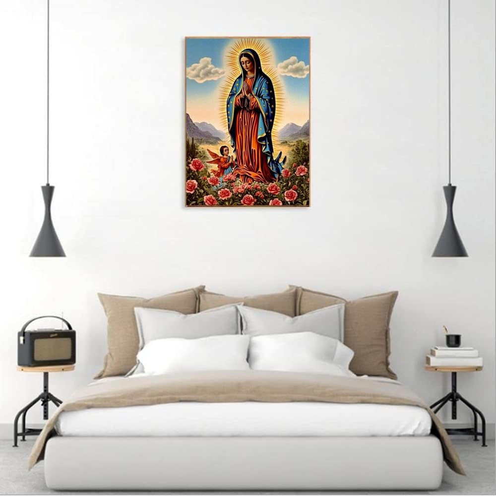 F-CANLAN Round Full Drill Diamond Painting Set 5D DIY Virgin Mary Diamond Art Painting by Numbers Virgin Mary Prayer Diamond Art Kits with Diamonds Dots for Adult Room Decor (12X16 inches) F-CANLAN