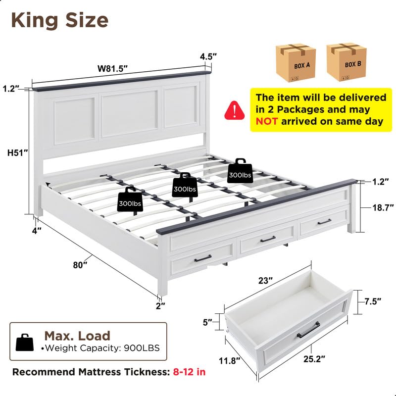 ACCOHOHO Rustic King Size Bed Frame with Tall Full-Panel Headboard and Storage Drawers in Antique White - WoodArtSupply