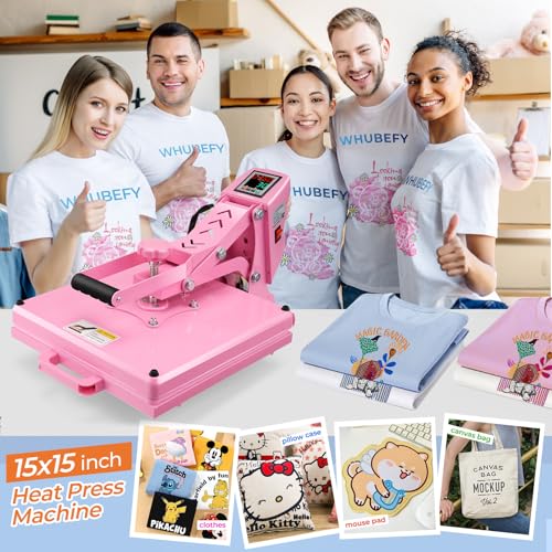 Whubefy Heat Press 15x15 Slide Out, Industrial-Quality Clamshell Sublimation Heat Transfer Machine with 5 DTF Transfer Sheets, Digital Heat Press Machine for T Shirts/Bags/Pillows/Mouse Pad (Pink) Whubefy