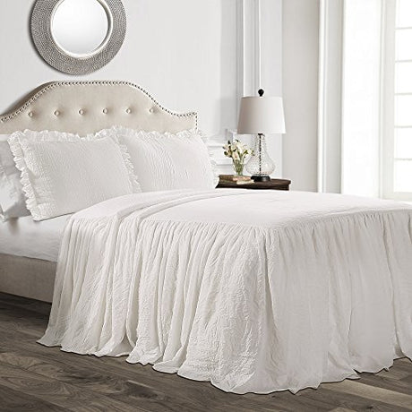 Lush Decor Ruffle Skirt Bedspread Set - 3-Piece Luxurious Farmhouse Bedding - Elegant Ruffle Detail - Timeless Style - Soft Lightweight Sheets - Queen, White Lush Decor
