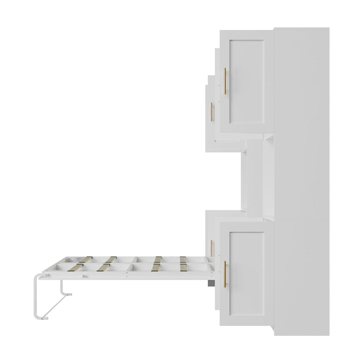 Mekminop Modern Queen Murphy Bed with Storage Cabinet and Open Shelves, Hidden Foldable Wall Cabinet Bed Frame with Wood Slat, Space-Saving, No Spring Box Required, White Mekminop