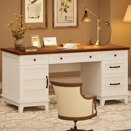 GarveeHome Executive Desk with File Drawers, Farmhouse Home Office Desk with Charging Station, 60 in Wooden Computer Desk with Cabinet Storage for Work Study Writing, White Walunt GarveeHome