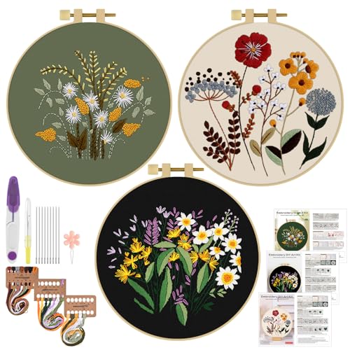 ERKOON 3 Sets Embroidery Kit, Floral Cross Stitch Set for Include Embroidery Cloth Hoops Threads for Craft Lover Hand Stitch (Plants & Flowers)