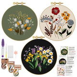 ERKOON 3 Sets Embroidery Kit, Floral Cross Stitch Set for Include Embroidery Cloth Hoops Threads for Craft Lover Hand Stitch (Plants & Flowers)