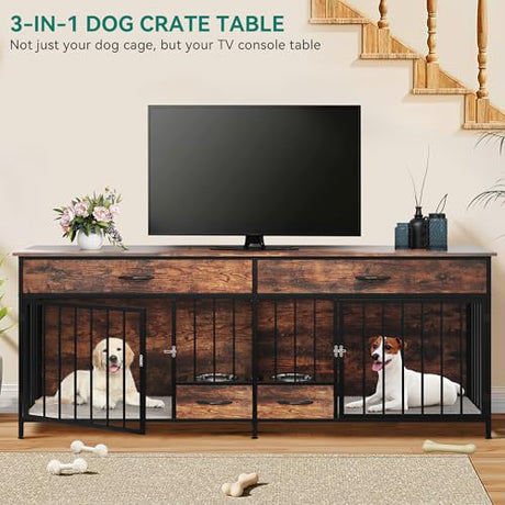 YITAHOME 74.8" Double Dog Crate Furniture with Dog Feeder, Heavy Duty Indoor Dog Kennel TV Stand with Drawers, Sturdy Dog Kennel with Divider for 2 Medium Large Dogs, Brown YITAHOME