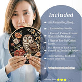 FONNUY Embroidery Kit for Beginners, Owl Flowers Pre-Stamped Pattern Kits for Adults with Hoop, Easy to Follow Color Thread Needlework, 8'' Hoop (Black)
