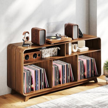 Boweniog Record Player Stand with Vinyl Storage Cabinet with Charging Station & USB Ports, Turntable Stand Table Holds Up to 350 Albums, Curved Vinyl Record Cabinet for Living Room (Walnut, 55-inch) Boweniog
