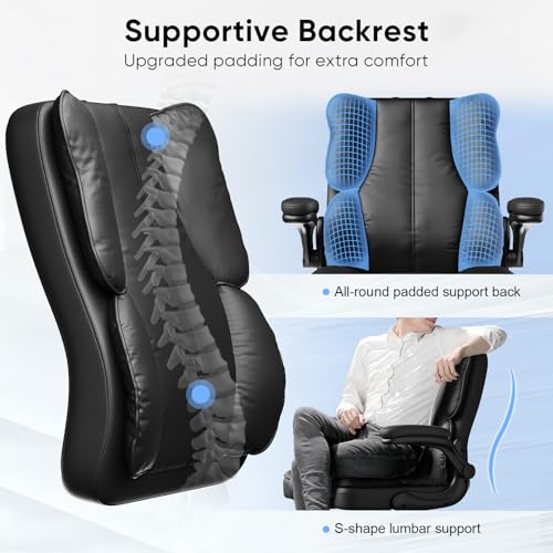 Kensaker Executive Leather Office Chair, Computer Chair with Thick Cushion & Lumbar Support, Ergonomic Desk Chair with Adjustable Headrest & Armrests,Black Kensaker