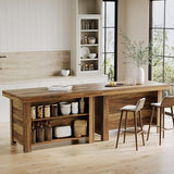 LITTLE TREE 55 Inches Kitchen Island with Storage, 3-Tier Farmhouse Wooden Stationary Island Table with Large Worktop & Leg Room, Modern Coffee Bar Table Storage Cabinet for Kitchen, Rustic Brown LITTLE TREE