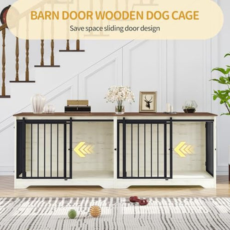 Hzuaneri 78" Dog Crate Furniture for 2 Dogs, Double Dog Cage with Divider, Wooden Heavy Duty Dogs Kennel, Pet Cage with Barn Door, TV Stand for Large Small Medium Dogs, White Brown DFC83714BV1 Hzuaneri
