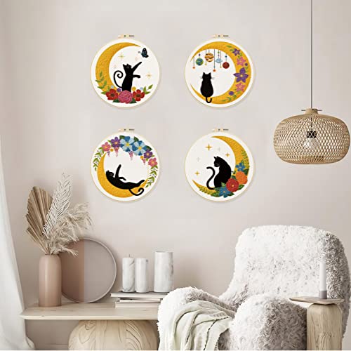 ORIGACH 4 Pack Cat Moon Embroidery Kits for Beginners, DIY Starter Hand Embroidery Kit with Moon Floral Patterns and Instructions