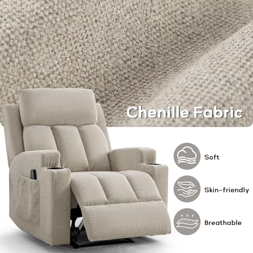 CANMOV Manual Recliner Chair with Massage and Heat,Comfy Recliner Chair Sofa with Overstuffed Arms and Back, Manual Reclining Single Sofa with 2 Cup Holders, Side Pocket for Living Room,Beige