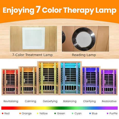 2 Person Infrared Sauna, Hemlock Wood Low EMF Infrared Saunas for Home, 1760w/120v Indoor Personal Sauna Room, 7 Color Therapy Light, 7 Heating Panels IWOODHOME