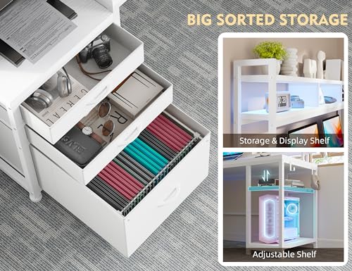 EnHomee Computer Desk with Drawers 66" Reversible Gaming Computer Desk with LED Light & Power Outlets White L Shaped Gaming Desk with Monitor Stand & Shelves Home Office Desks for Gaming Room EnHomee