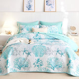 Wake In Cloud - Coastal Quilt Set, Nautical Ocean Beach Themed Tropical Summer Patterned, Reversible Lightweight Bedspread Coverlet, 3 Pieces, Aqua Turquoise, Queen/Full Size Wake In Cloud