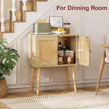 Sideboard Buffet Kitchen Storage Cabinet , Small Coffee Bar Cabinet with Rattan Doors and Tall Solid Wood Legs, Boho Accent Media Console Credenza Cabinet for Entryway,Living Room,Kitchen, Small Space Cidaziya