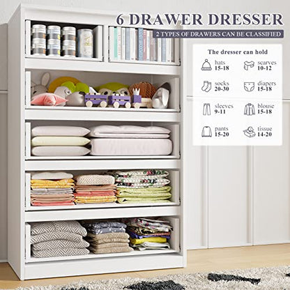 EnHomee Dresser for Bedroom, White Dresser with 6 Wood Large Drawers, Dressers & Chests of Drawers with Large Organizer, Tall Dresser with Smooth Metal Rail, White