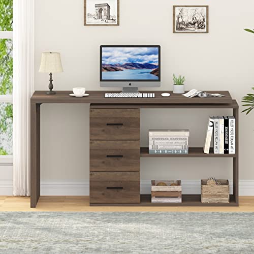 HSH L Shaped Desk with Storage Cabinet, Wood L Shape Desk with Drawers Shelf, Large Corner Computer Table in Home Office Bedroom, Industrial PC Desk for Executive Writing Work Study, Rustic Oak, 55 In