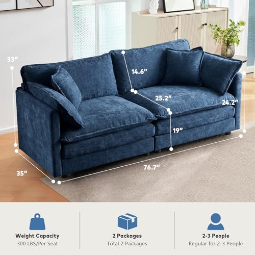 VICBARLEY Modular Sectional Sofa with 2 Seat 76.7" Convertible Chenille Couch Futon with 2 Armrest Pillows and 2 Throw Pillow for Living Room,Office and Apartment,Blue VICBARLEY