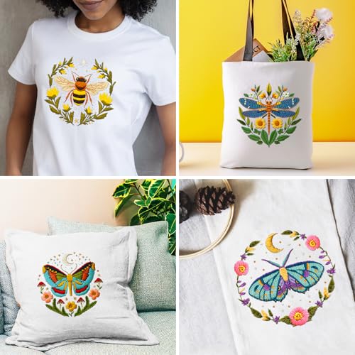 INFUNLY 4 Sets DIY Insect Pattern Embroidery Kits for Starter 11.8"×11.8" Flowers Plants Embroidery Hoop kit Handmade Bees Embroidery Kits Moth Needlepoint Kit with Instruction for Adults Beginners