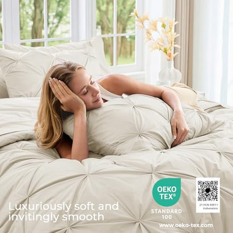 Sasttie Full Size Comforter Set, 7-Piece Bed in a Bag Double, Pintuck Bedding Set for All Season, Includes Comforter, Flat Sheet, Fitted Sheet, Pillowcases and Pillowshams, Beige Sasttie