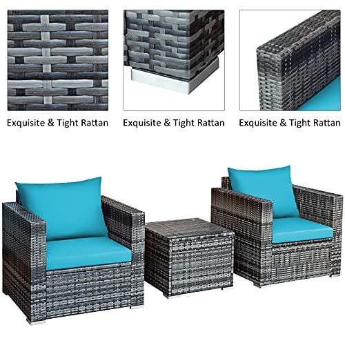 COSTWAY 3 PC Patio Rattan Furniture Bistro Set Cushioned Sofa Chair Turquoise COSTWAY